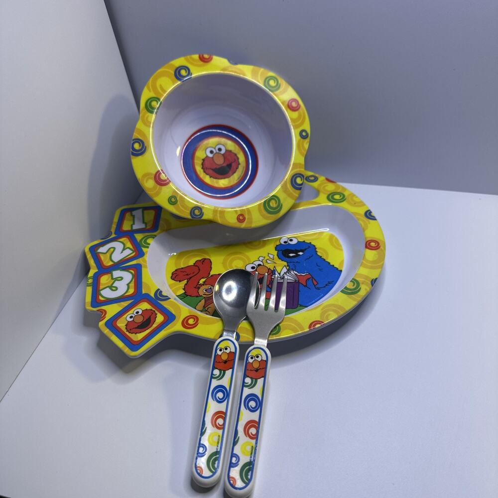 The First Years Elmo Lot Plate Bowl Utensils Set Sesame Street